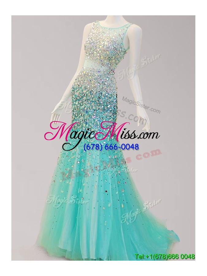 wholesale see through scoop mermaid tulle prom dress with beading