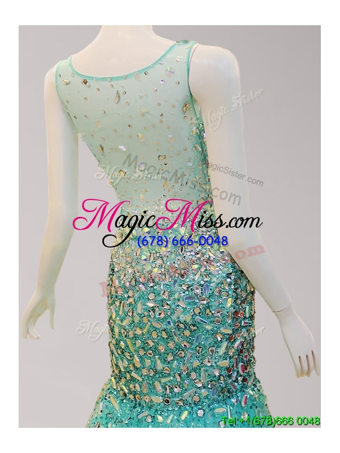 wholesale see through scoop mermaid tulle prom dress with beading