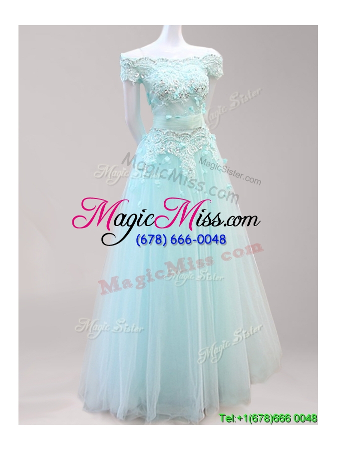wholesale fashionable off the shoulder cap sleeves prom dress with beading and appliques