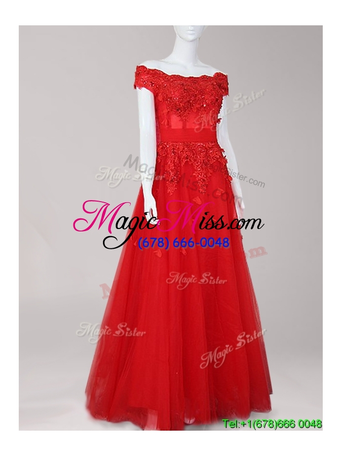 wholesale perfect off the shoulder cap sleeves tulle prom dress with beading and appliques