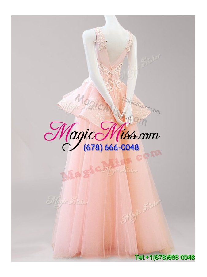 wholesale latest scoop backless peach prom dress with belt and appliques