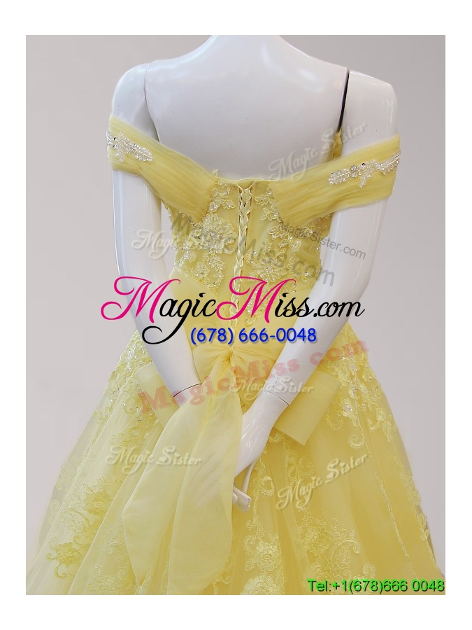 wholesale gorgeous off the shoulder cap sleeves yellow prom dress with beading and appliques