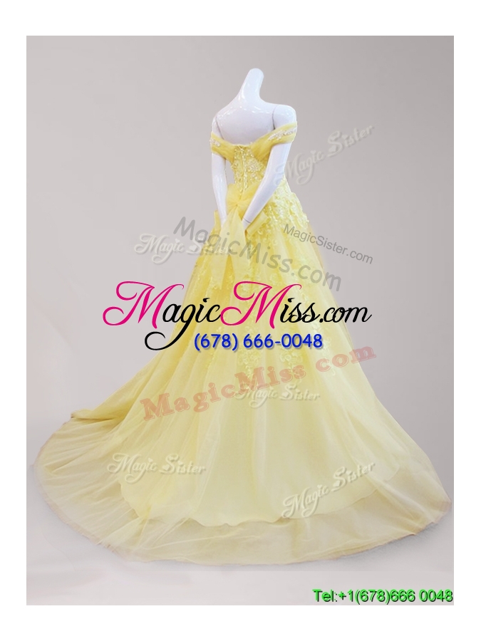 wholesale gorgeous off the shoulder cap sleeves yellow prom dress with beading and appliques