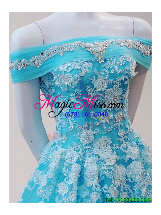 wholesale elegant off the shoulder beaded and applique prom dress in aqua blue