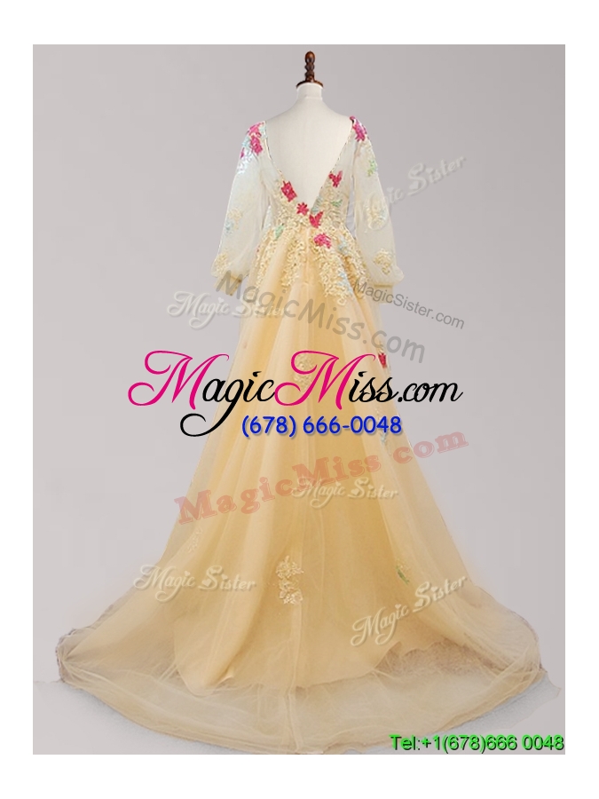 wholesale see through scoop long sleeves applique prom dress with brush train