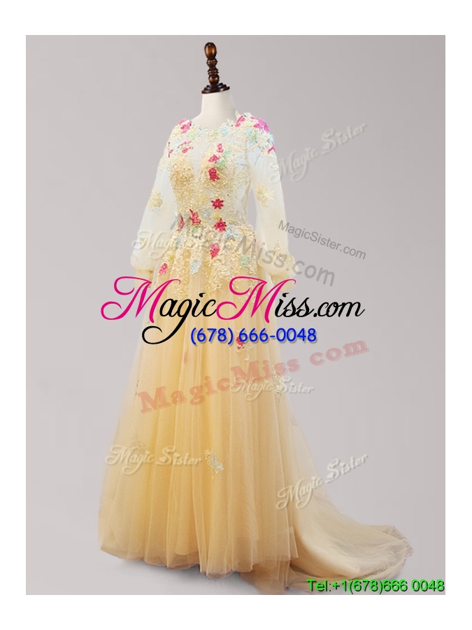 wholesale see through scoop long sleeves applique prom dress with brush train