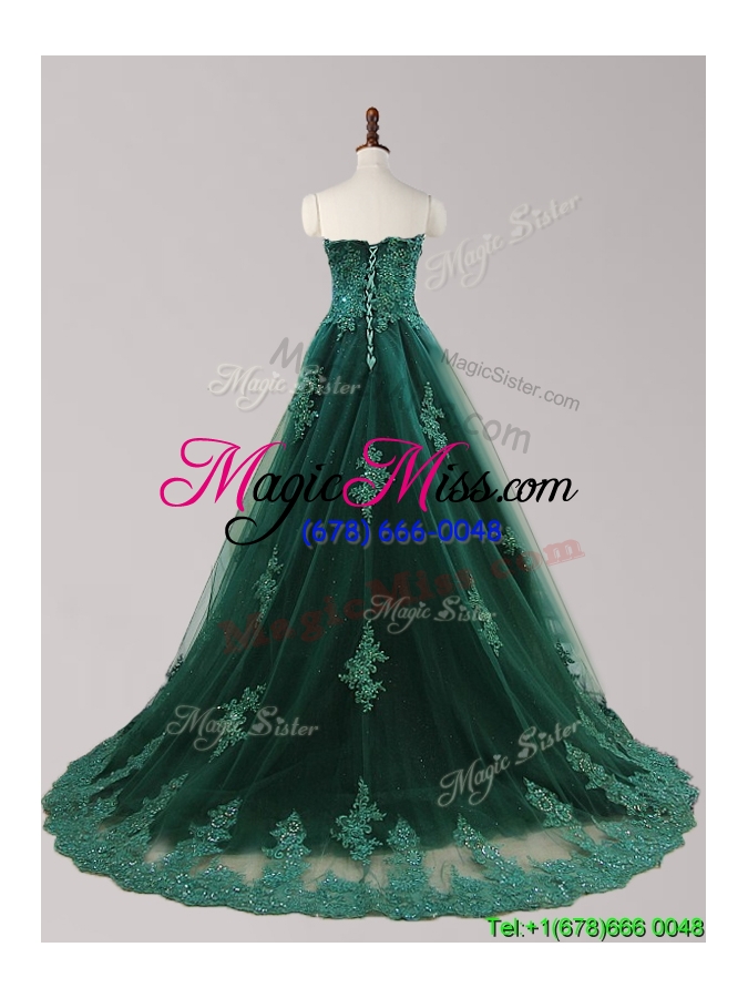 wholesale cheap applique and beaded brush train prom dress in dark green