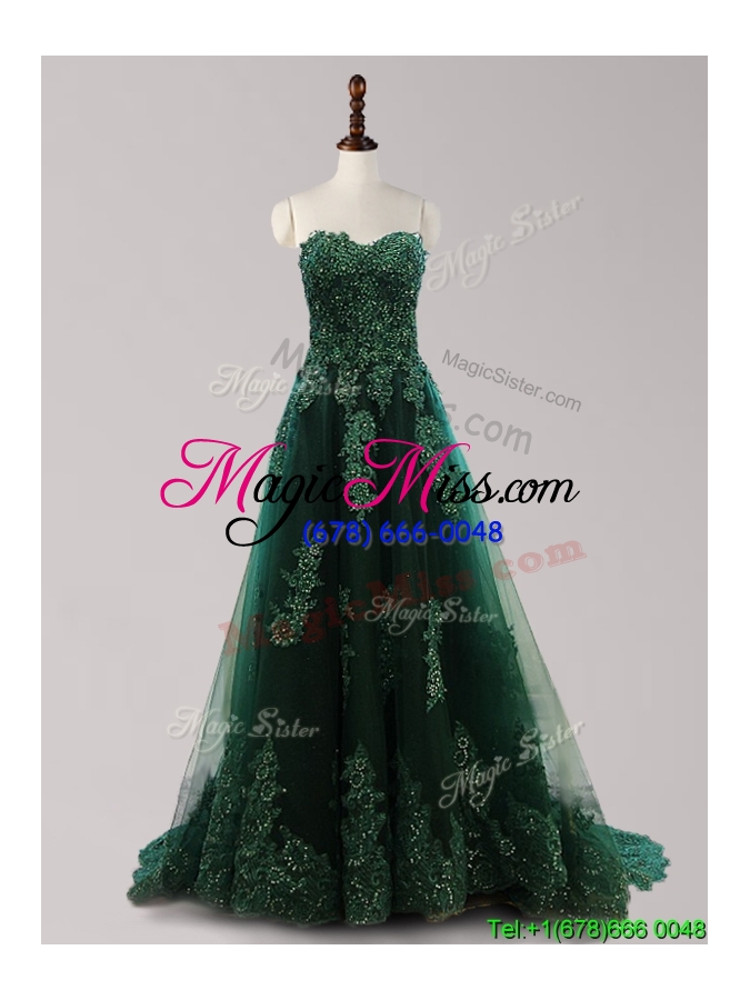 wholesale cheap applique and beaded brush train prom dress in dark green