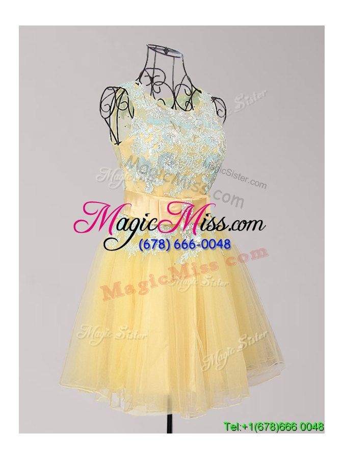wholesale exquisite scoop yellow short prom dress with appliques and bowknot