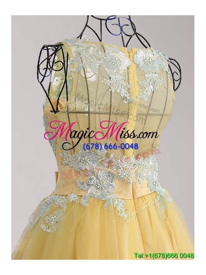 wholesale exquisite scoop yellow short prom dress with appliques and bowknot