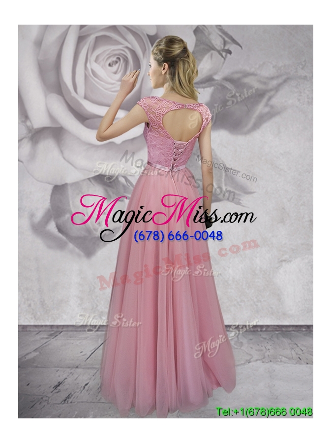 wholesale gorgeous scoop cap sleeves laced prom dress in pink