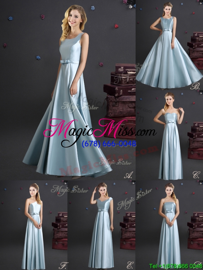 wholesale latest off the shoulder light blue dama dress with bowknot