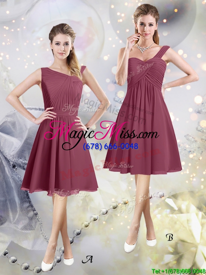 wholesale perfect asymmetrical neckline burgundy knee length dama dress with ruching