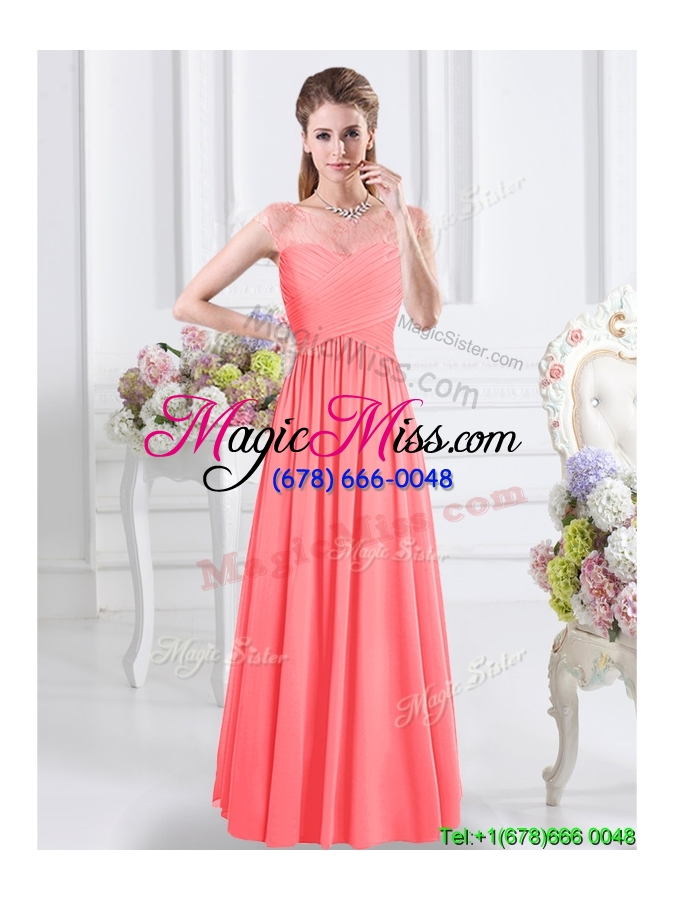 wholesale affordable scoop ruched bodice and lace decorated cap sleeves dama dress