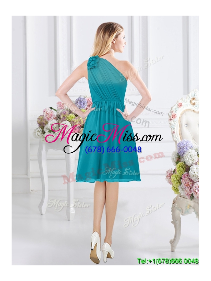 wholesale comfortable side zipper one shoulder teal dama dress with ruching and ruffles