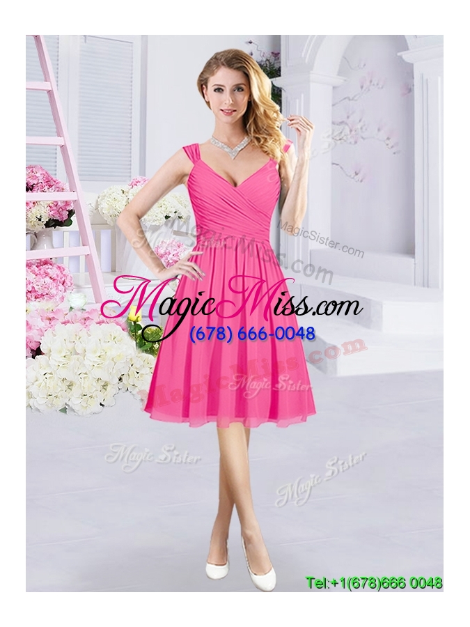wholesale latest belted v neck hot pink dama dress in knee length