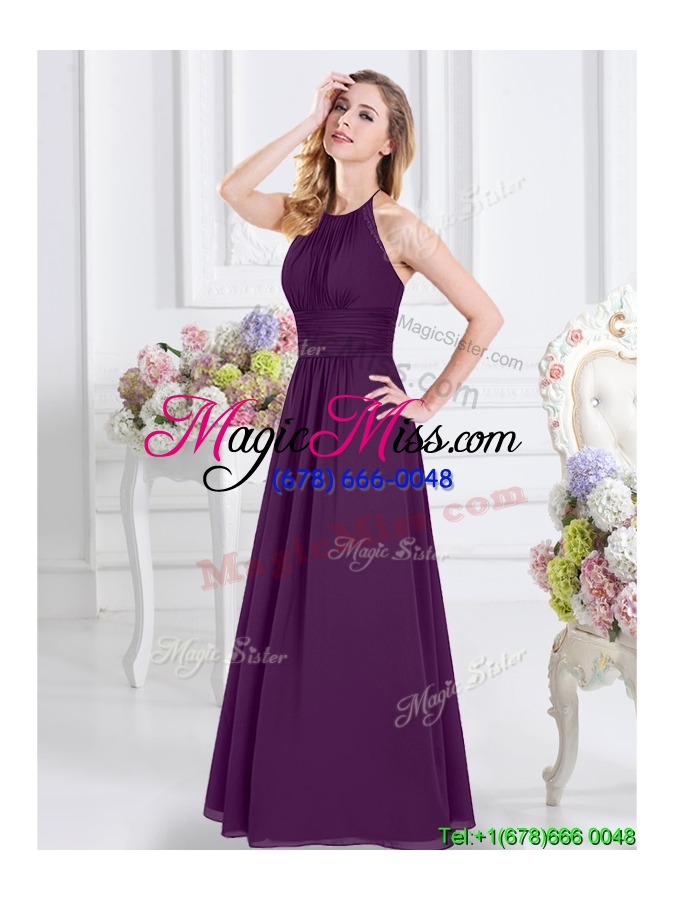 wholesale perfect halter top purple long dama dress with ruching and lace