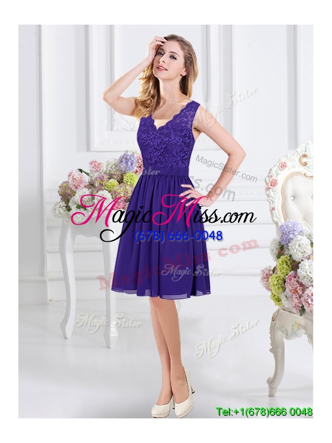 wholesale top seller v neck laced bodice chiffon dama dress in purple