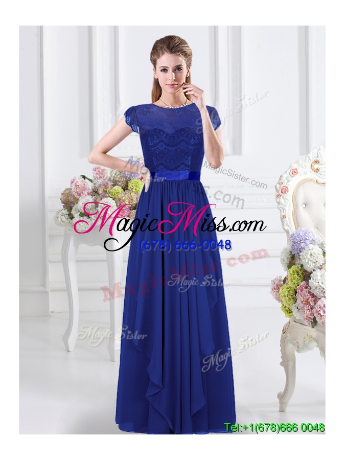 wholesale modern lace bodice and belted royal blue dama dress with short sleeves