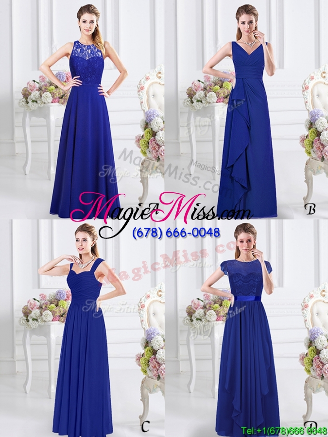 wholesale modern lace bodice and belted royal blue dama dress with short sleeves