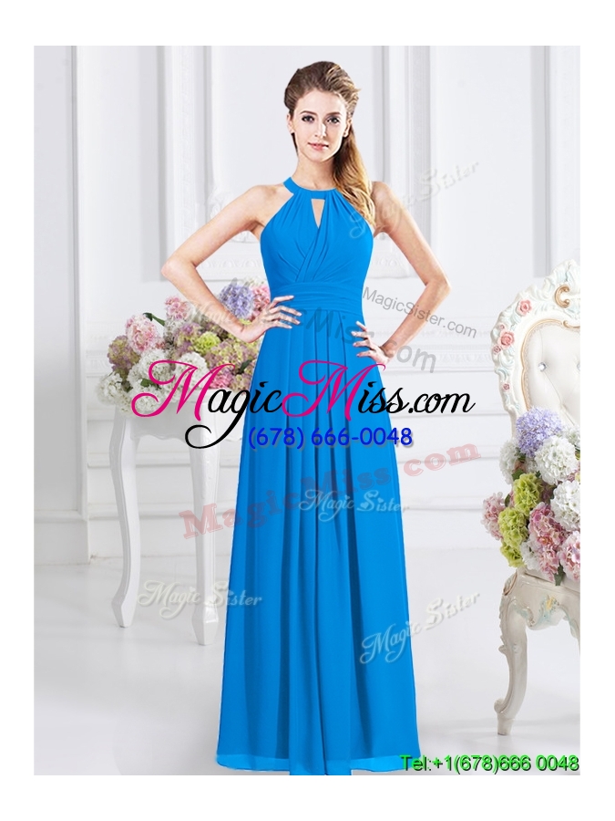 wholesale modern cut out bust halter top baby blue dama dress in chiffon