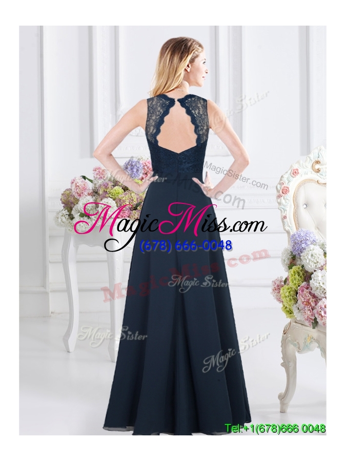 wholesale cheap lace bodice navy blue v neck dama dress with open back