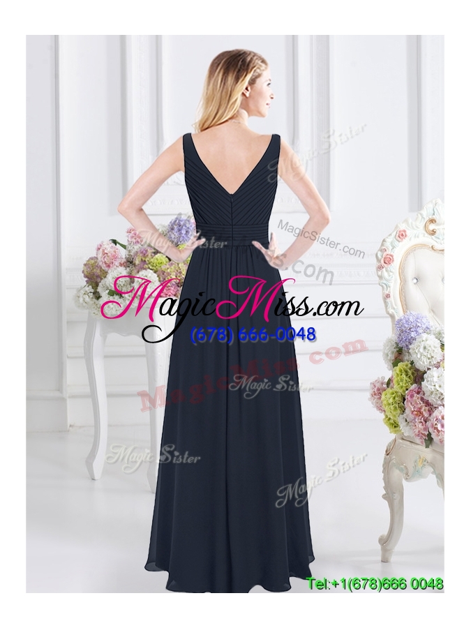 wholesale discount ruched bodice chiffon navy blue dama dress with zipper up