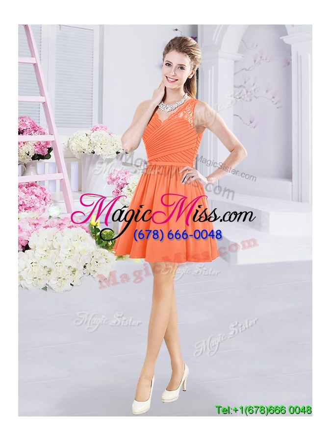 wholesale classical see through back v neck chiffon side zipper bridesmaid dress with lace