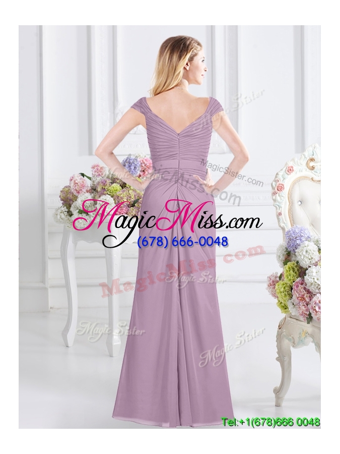 wholesale classical v neck column cap sleeves bridesmaid dress with ruching and beading