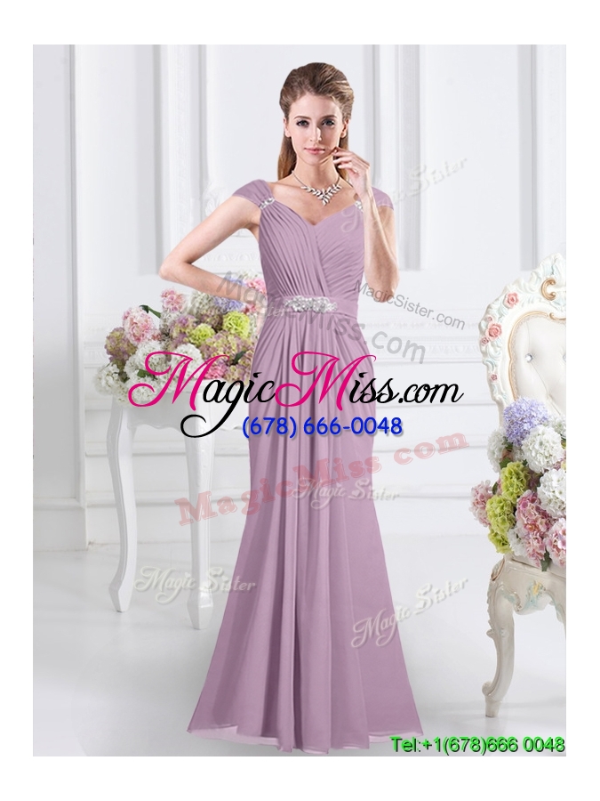 wholesale classical v neck column cap sleeves bridesmaid dress with ruching and beading