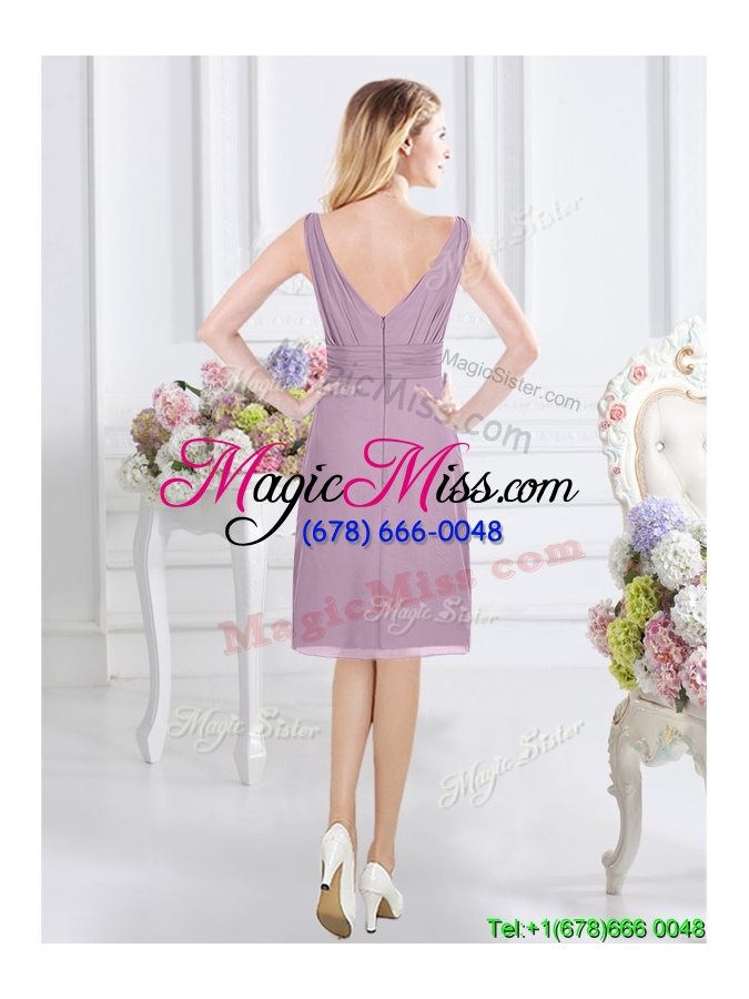 wholesale popular v neck knee length lavender bridesmaid dress with ruching