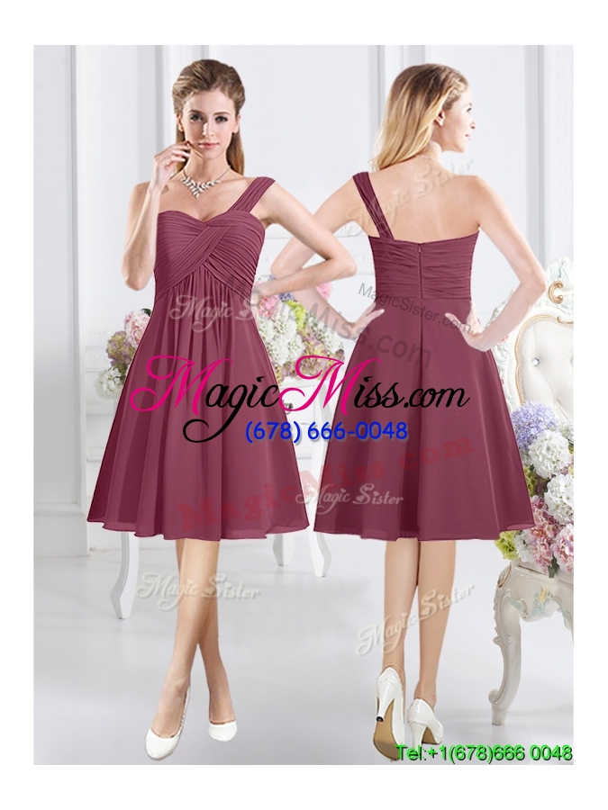 wholesale discount ruched zipper up a line burgundy bridesmaid dress in chiffon