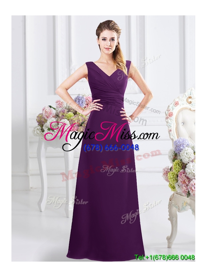 wholesale hot sale v neck ruched purple bridesmaid dress in floor length