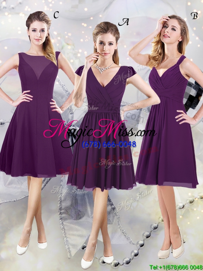 wholesale popular zipper up ruched purple short bridesmaid dress with v neck