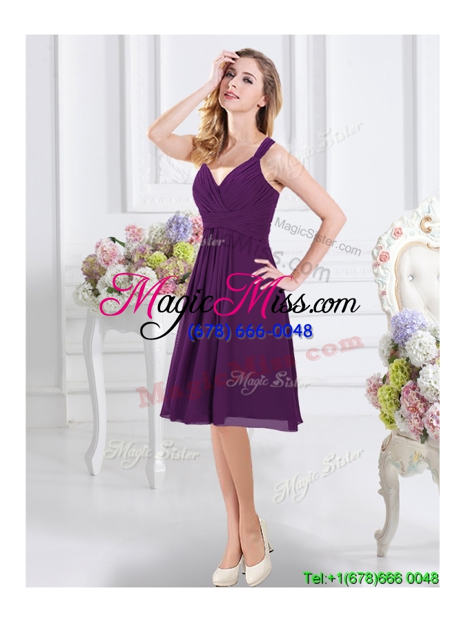 wholesale popular zipper up ruched purple short bridesmaid dress with v neck