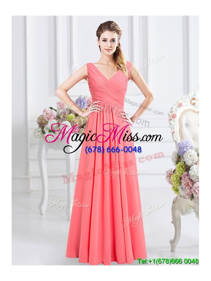 wholesale unique v neck watermelon red long bridesmaid dress with ruching