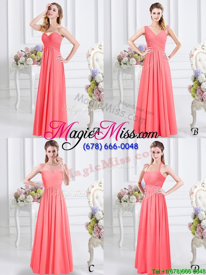 wholesale unique v neck watermelon red long bridesmaid dress with ruching
