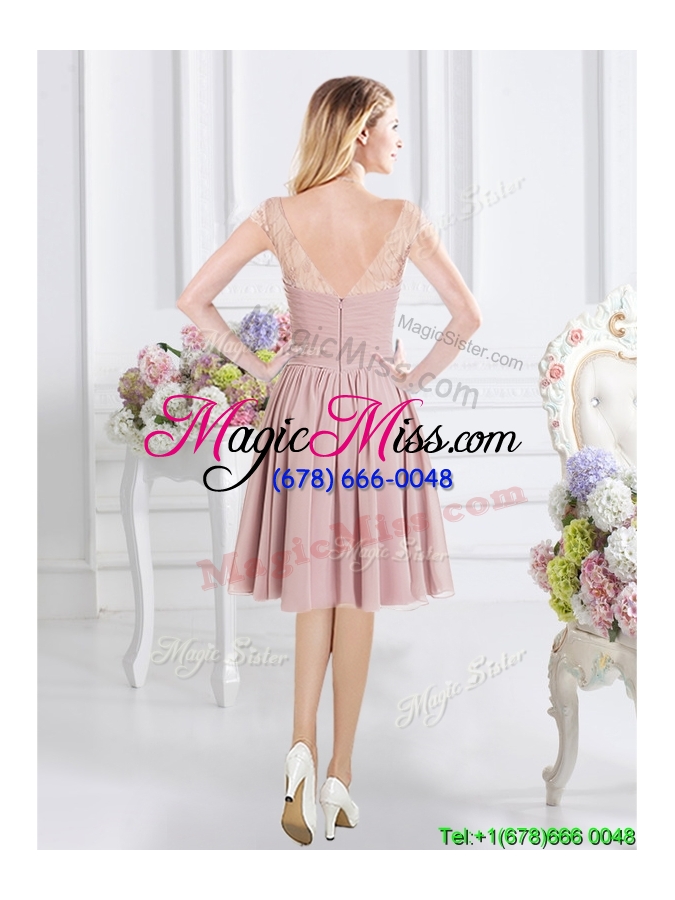 wholesale classical lace decorated cap sleeves zipper up bridesmaid dress with ruching