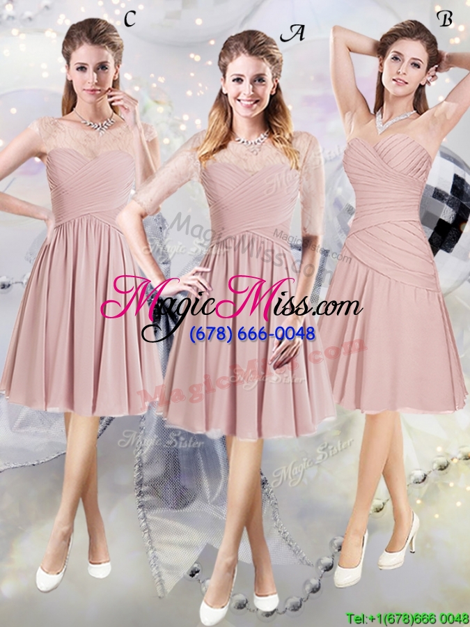 wholesale classical lace decorated cap sleeves zipper up bridesmaid dress with ruching