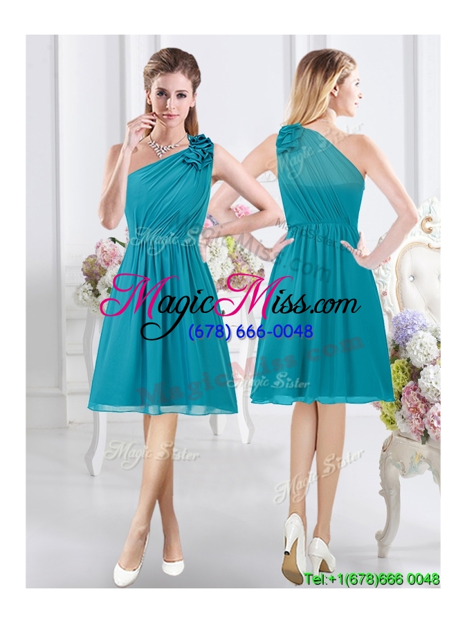 wholesale high end chiffon teal knee length bridesmaid dress with ruching
