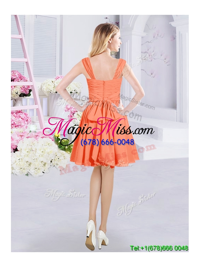 wholesale cheap belted and ruched v neck orange bridesmaid dress with zipper up