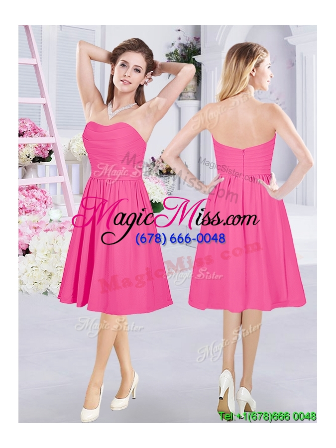 wholesale exquisite chiffon knee length ruched bridesmaid dress in hot pink