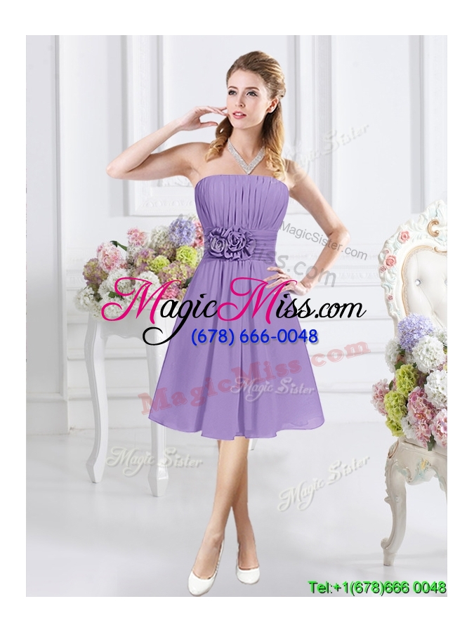 wholesale simple strapless chiffon bridesmaid dress with ruching and handcrafted flowers
