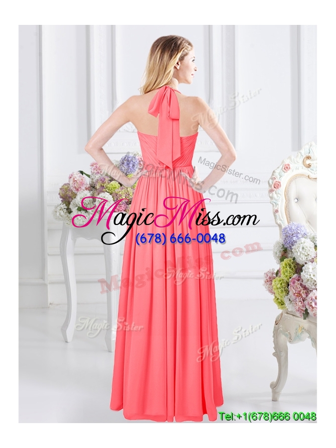 wholesale top seller watermelon red floor length bridesmaid dress with halter top