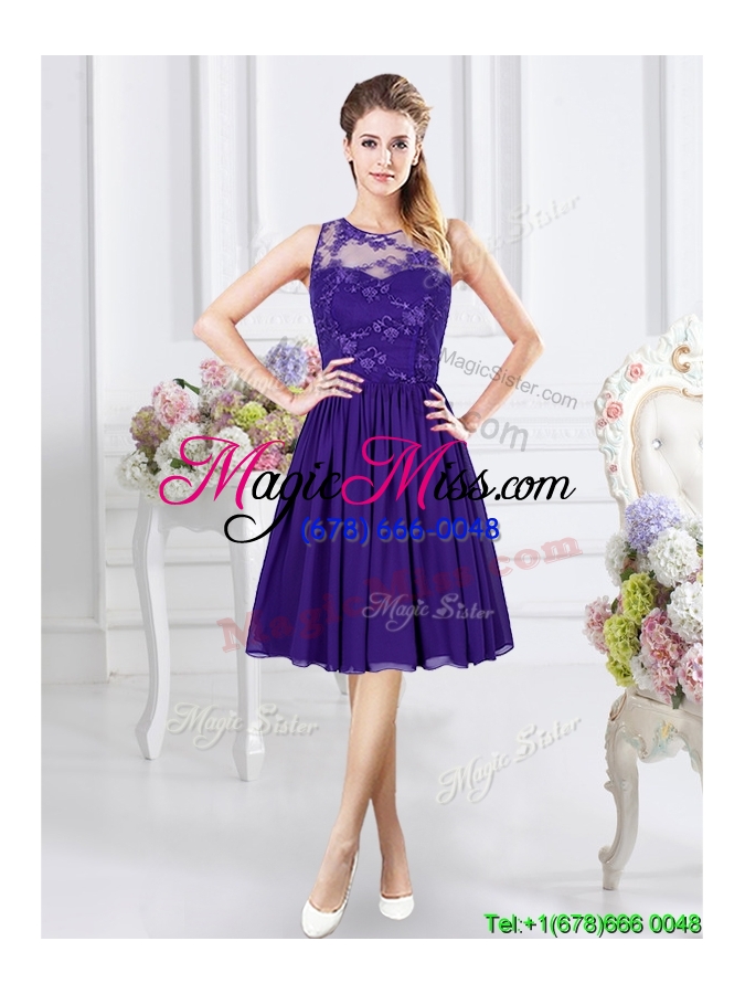 wholesale affordable empire see through scoop purple bridesmaid dress with zipper up
