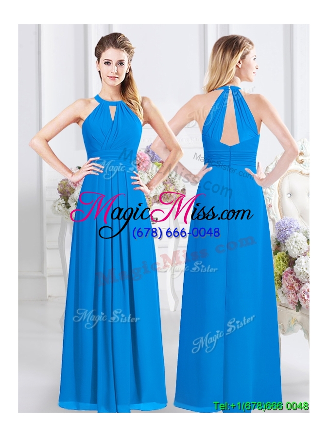 wholesale modest floor length zipper up chiffon bridesmaid dress in baby blue