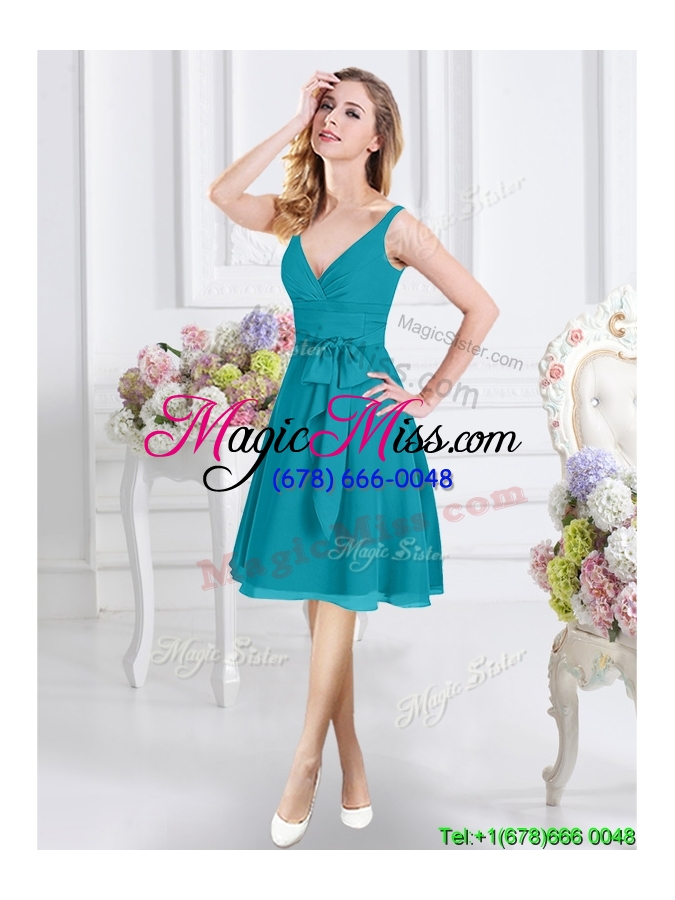 wholesale elegant belted and ruched v neck teal bridesmaid dress with zipper up