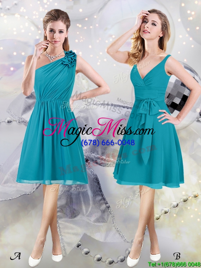 wholesale elegant belted and ruched v neck teal bridesmaid dress with zipper up