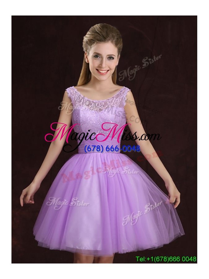 wholesale fashionable lilac short bridesmaid dress with lace and ruching