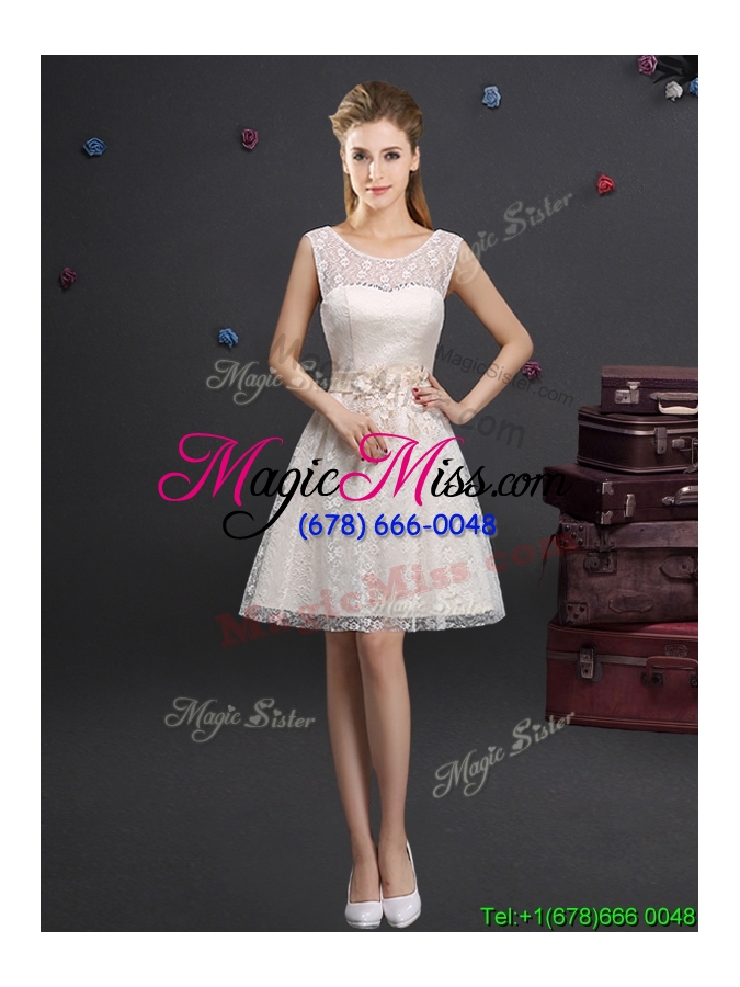 wholesale lovely see through scoop short bridesmaid dress with appliques and lace